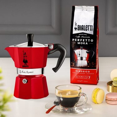 Культова еспресо-машина для приготування справжньої італійської кави, кавник Moka(130 мл), алюмінієвий, (1 чашка, червоний)