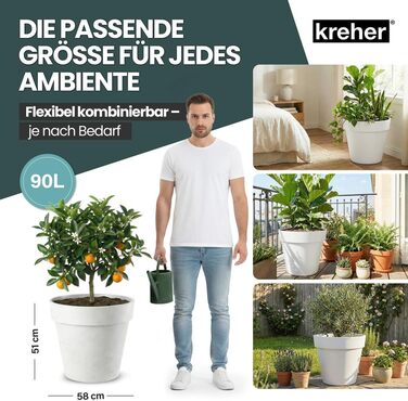 Крехер XXL круглий горщик для рослин / квітник з діаметром 79 см / 58 см, з роликами! Чудовий акцент для саду, тераси, ресторанів та комерційних приміщень! (Білий, XL-діаметр 58 см)