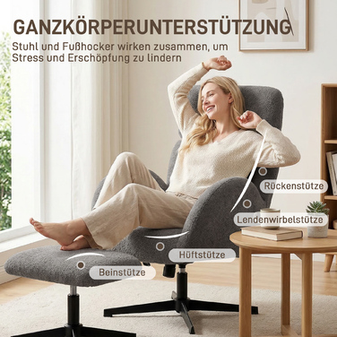 Обертовий крісло з пуфом, регульоване крісло-акцент з регульованою підголівкою, функція гойдання, сірий колір