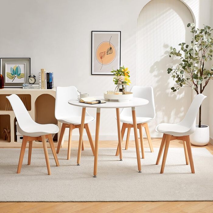 Круглий кухонний стіл WeDoо Holz, 80x80x74 см, натуральне дерево, скандинавський стиль, білий, 3 ніжки