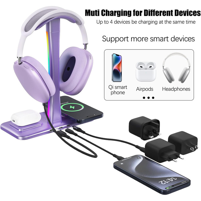 Підставка для навушників з бездротовим зарядним пристроєм, RGB-підсвічуванням, сумісна з Airpod Max, Airpod Pro/3/2, iPhone 16/15/14/13/12/11, Samsung, подарунок для геймерів (фіолетовий)