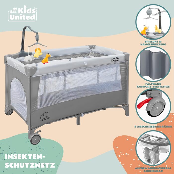 Дитяче ліжко-манеж All Kids United® для подорожей з матрацом, пеленальним столиком, музичним провідником та мобілем (сірий)