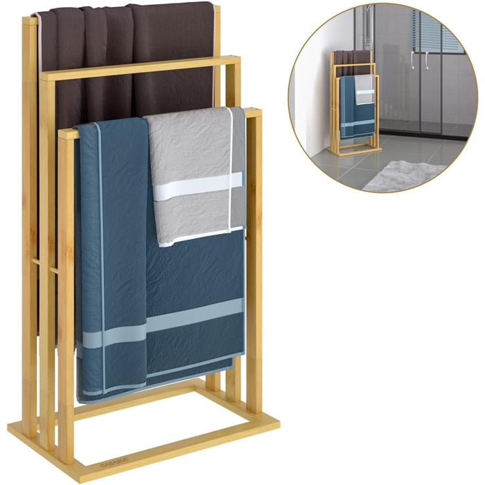 Підставка для рушників CASARIA® бамбукова, дерев'яна, на 3 стійки, 82 x 40 x 24 см, з полицею, для ванної кімнати, без свердління, сходинкова