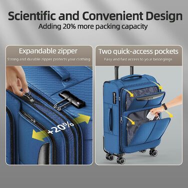 Набір валіз Showkoo Softshell 3 шт., розширювані, легкі, міцні, з обертовими колесами, TSA-замок, 50.8/61/71.1 см, блакитний