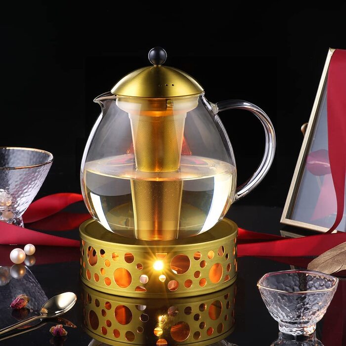 Скляний скляний Срібний чайник з нержавіючої сталі 18/8, сито для чаю з боросилікатного скла, чайник, підходить для підігріву чаю (Тип5-2, Золотий чайник з ручкою, 1500 мл)