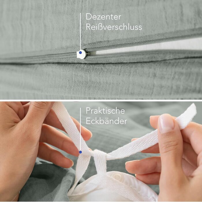 Комплект постільної білизни Dreamzie з мусліну 135x200 см, 100% бавовна. В комплекті: 2 наволочки 80x80 см та 2 наволочки 135x200 см. Сертифікат Oeko-Tex, застібка на блискавку. (Блакитно-сірий, 4-елементний комплект 135x200 + 2 x 80x80)