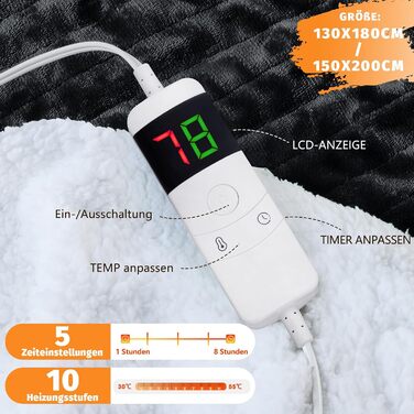 Електрична ковдра BOMOVA з автовимкненням, тепла та м'яка ковдра для дому, 10 температурних режимів та таймер, подарунок для жінок, 130x180 см (Чорний)