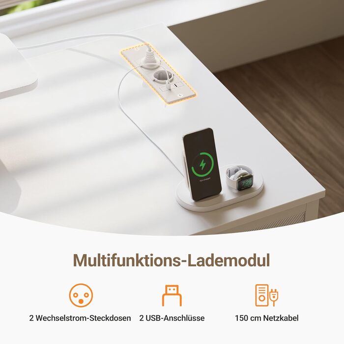 Комп'ютерний стіл Claiks з 3 шухлядами, 120 x 60 см, з полицею, 2 розетки та 2 USB-порти, для офісу та дому, білий