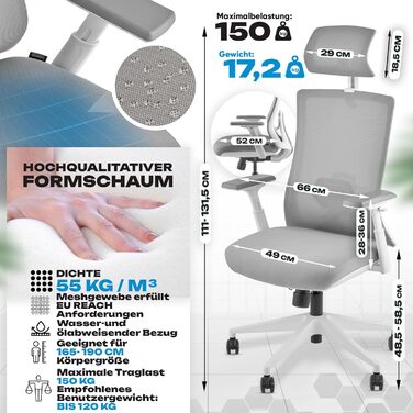 Ергономічне крісло M3 Komfort Pro (сірий) з регульованими підлокітниками та підтримкою попереку – офісне крісло для здорового сидіння