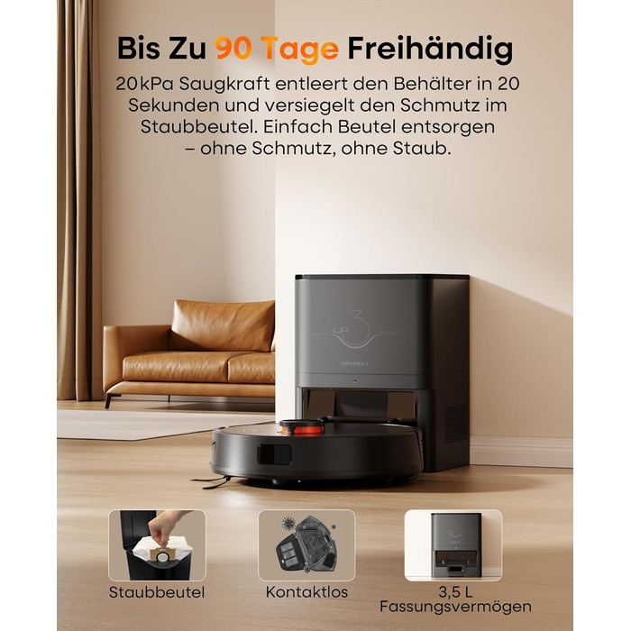 Робот-пилосос з функцією миття 7000Pa, з док-станцією для самостійного очищення, 180 хв роботи, LiDAR навігація, для прибирання шерсті тварин та килимів, керування через додаток, чорний