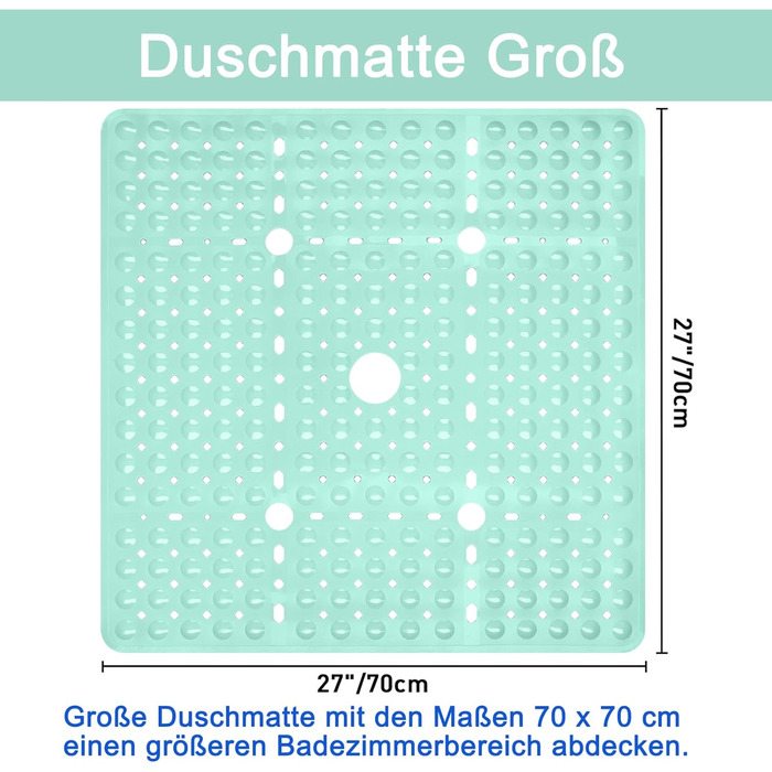 Нековзний килимок для душу 70x70 см, швидковисихаючий, без бісфенолу А, з присосками (Квадрат, М'ята)