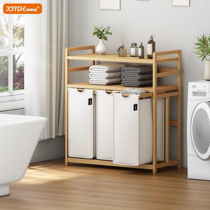 Бамбуковий сортер для білизни з 3 відділеннями, 148 літрів, 2 яруси, великий кошик для білизни з знімним мішком, прямокутна коробка для ванної, спальні та пральні, 77.5x41.3x100.5 см, бежевий (сірий)