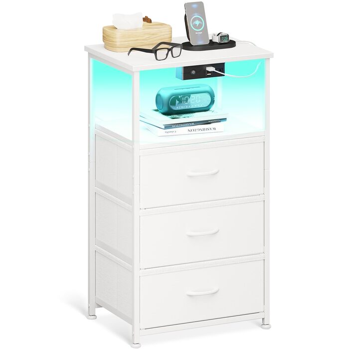 Приліжкова тумбочка Coleshome біла з розеткою, 2 USB, LED-підсвіткою, 3 висувними ящиками та місцем для зберігання, 40x30x70 см