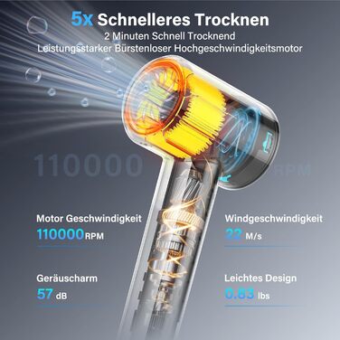 Професійний фен для волосся з дифузором, безщітковий двигун 110 000 об/хв, 400 млн плазмових іонів, низький рівень шуму 57дБ, чорний