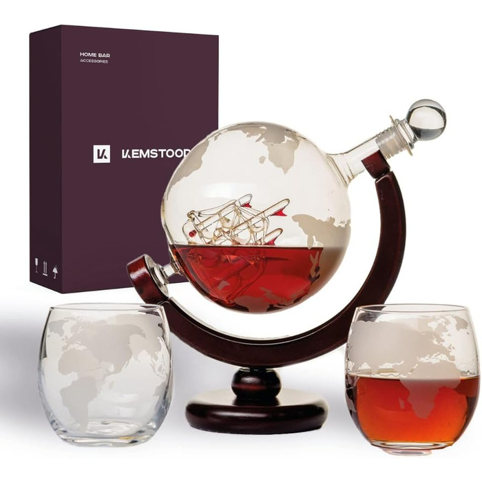 Набір для віскі Globus: декантир, 4 склянки, дерев'яний підставка, карта світу. Ідеальний подарунок для чоловіків та жінок. Підходить для віскі, джину, рому, скотчу, лікеру, бурбону, горілки.