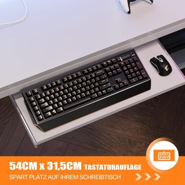 Ігровий стіл Flamaker L-подібний 140x140 см з RGB LED, підставка для монітора та ящик для зберігання | 2 розетки + 2 USB-порти (вуглецеве волокно, чорний) (білий)