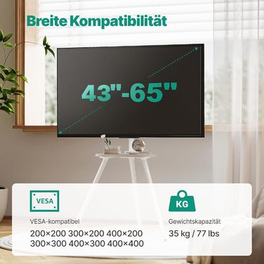 Настінна кріплення для телевізора 43-65 дюймів (LCD, LED, OLED) до 35 кг, регульована висота та поворотна, дерев'яна стійка з дерев'яним підносом, VESA 400x400 мм (білий глянц)
