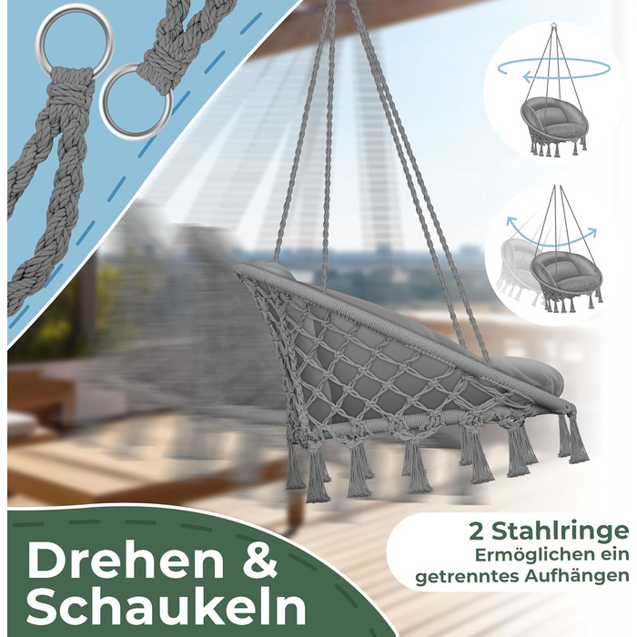 Крісло-гойдалка KESSER® з подушкою - крісло-гойдалка для дорослих та дітей, до 150 кг, для дому та саду, сіре
