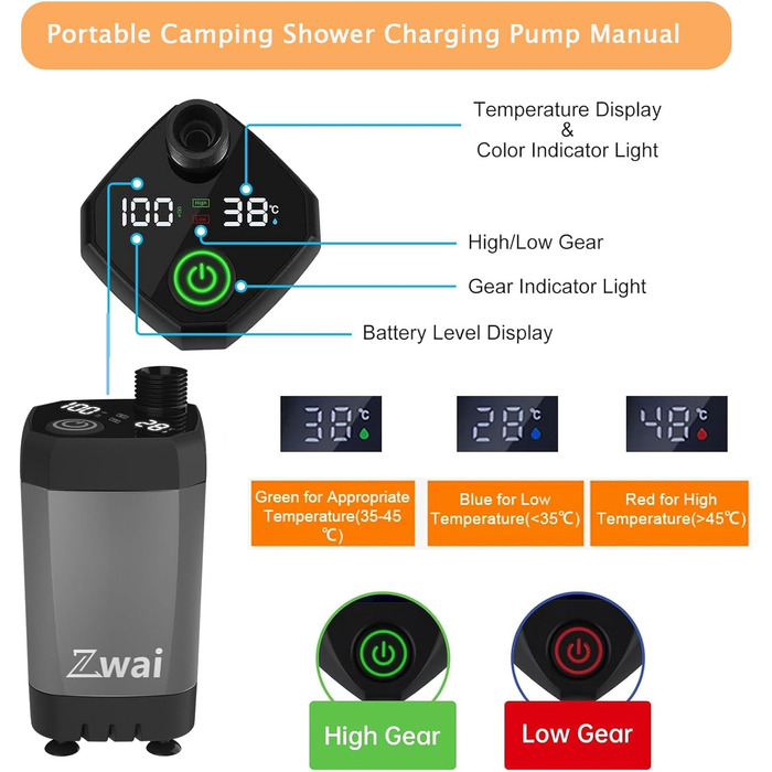 Портативний душ для кемпінгу ZWai, акумуляторний душовий насос для кемпінгу на відкритому повітрі з інтелектуальним цифровим дисплеєм, кемпінговий душ із сітчастим мішком