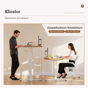 Регульований стіл Klicelor, електричний, з пам'яттю, для офісу, 160 x 80 см, білий/світло-коричневий