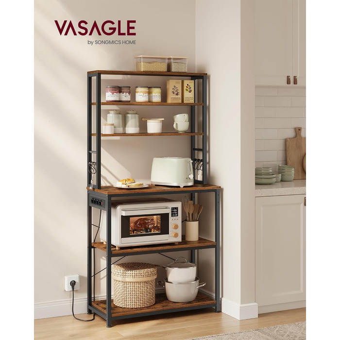 Стелаж кухонний VASAGLE з розетками, 6 полиць, гачки, сталевий каркас, 40 x 80 x 167 см, вінтажний коричневий + чорний, KKS119K06 80B cm