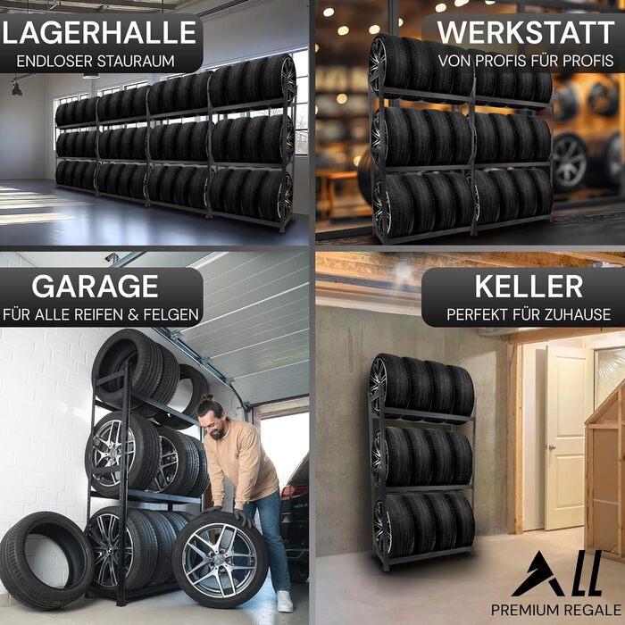 Стійка для шин преміум-класу 100x110x40 см, вантажопідйомність 175 кг, економія місця, для гаража та складу (чорний, 12 шин)