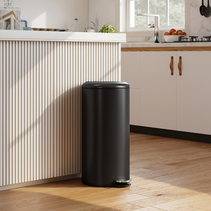 Відро для сміття 30 л з педаллю, внутрішнім відром, м'яким закриттям та кришкою. Розміри: 36 x 30 x 63,5 см, колір: чорний.