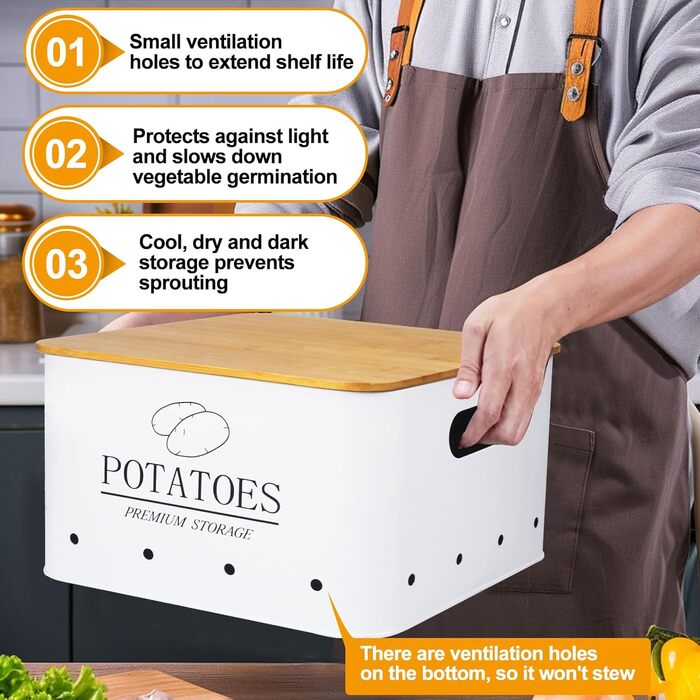 Набір контейнерів для зберігання картоплі, цибулі та часнику (3 шт.) з бамбуковим кришками - зберігає овочі свіжими довше. Чорний (Blanc)