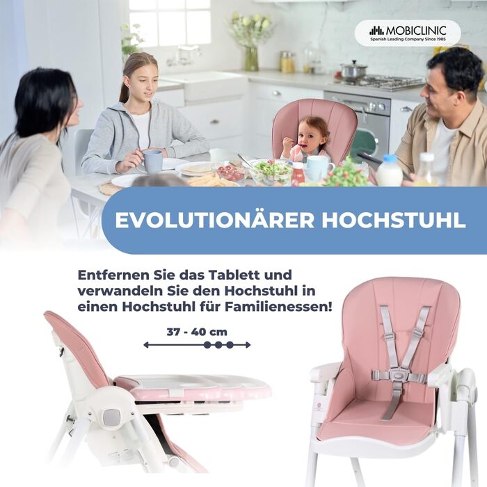 Дитячий стільчик для годування Mobiclinic® Kids, складаний, трансформується в стільчик для малюків, Simba, ремінь з 5 точками кріплення, колеса з гальмом, знімний піднос, текстиль знімний та пральний, зелений (рожевий)