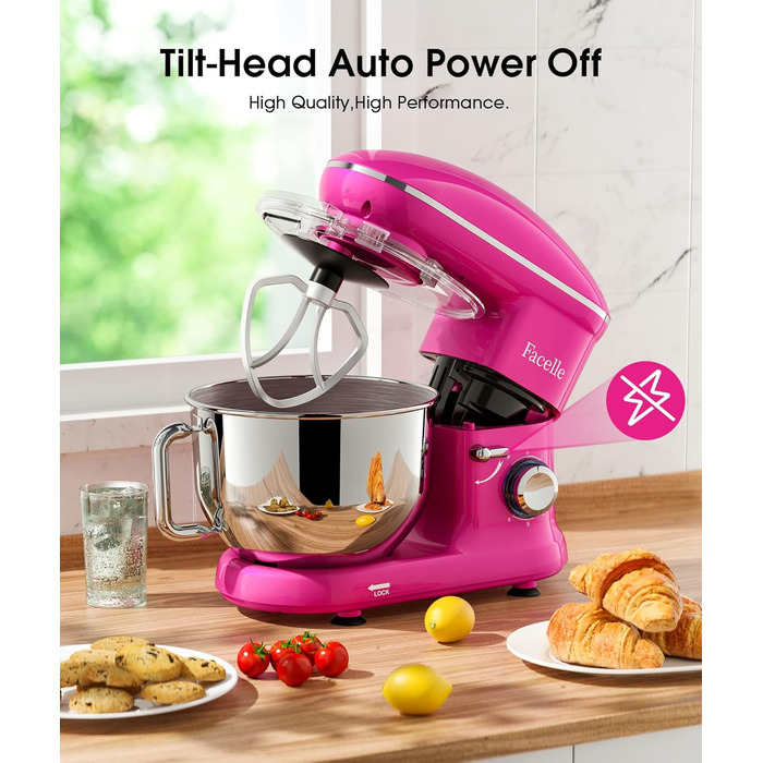 Кухонна машина Facelle 1500W з нержавіючою чашею 6.2 л, 6 швидкостей, комплектом насадок (міксер, гак для тіста, вінчик, сплеск-захист), фіолетовий колір