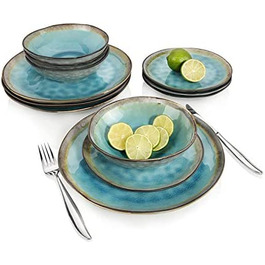 Сервіровка столових капрі з керамограніта, набір посуду з 12 предметів на 4 персони, синьо-зелений, Сучасний вінтажний дизайн
