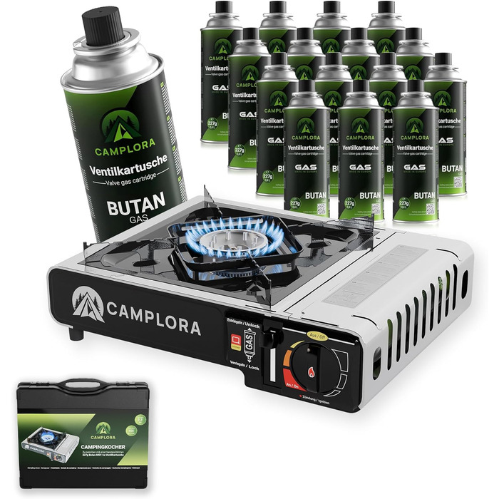 Газовий наметковий пальник для картриджів MFS-1a з кейсом та п'єзозапалювачем - 2.2 кВт, з функцією безпечного відключення (включно з 16 картриджів 227г)