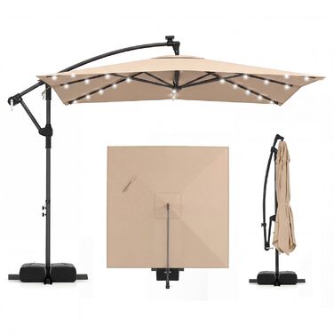 Парасолька від сонця COSTWAY 250x250 см з підставкою та LED-підсвіткою, квадратна садова парасолька з ручкою-курбою, UV-захист, бежева