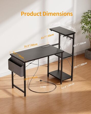 Ігровий стіл CubiCubi зі розетками (2 AC+USB-A+USB-C), 110 x 50 см, з регульованою полицею, 4 гачками та кишенею, для кіберспорту, дому та офісу, карбонове волокно, чорний