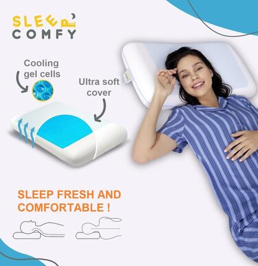 Преміум подушка для сну Comfy з гелевим ефектом та піною з пам'яті. Оптимальна підтримка для тих, хто спить на боці, спині. Розмір 60x40x14/12 см. Гелевий охолоджуючий ефект, знімний чохол. Ортопедична подушка для комфортного сну.