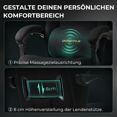 Ігровий крісло Dowinx з масажною поперековою подушкою, регульованою підголівником, потовщеним сидінням, висувною підніжкою, регульованими підлокітниками, мікрофібровим велюром, нахилом 160°, чорне