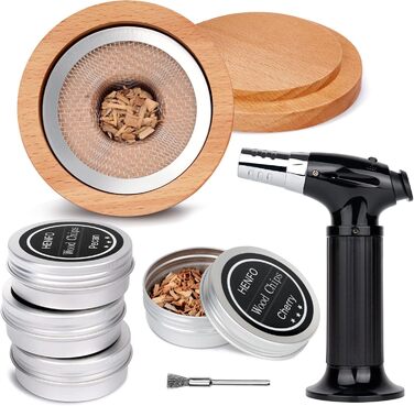 Набір для копчення коктейлів з ліхтариком: кулінарна факелка для коктейлів, віскі, напоїв, копчення та кемпінгу. 4 смаки дерев'яної стружки.