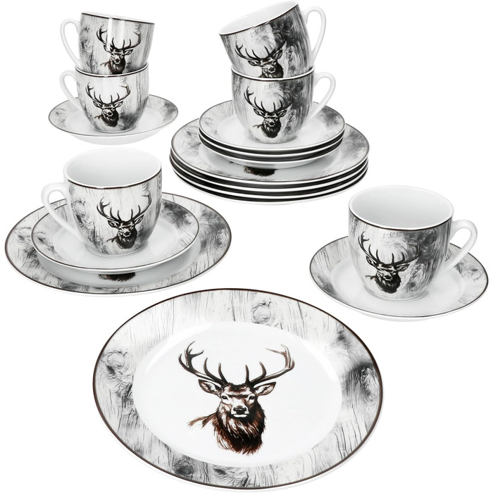 MamboCat Alois - кавовий сервіс на 6 осіб, 18 предметів, біле фарфорове посуд з декором оленів, 6 чашок 200 мл, 6 підставок та тарілки для сніданку та кави