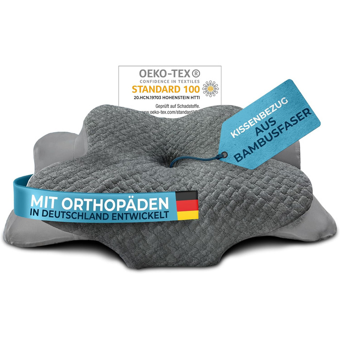 Ортопедична подушка Glückstoff® для всіх типів сну | Подушка для шиї з Memory Foam | Ергономічна подушка для сну на боці (Сірий, запасний чохол [Версія: Ergo])