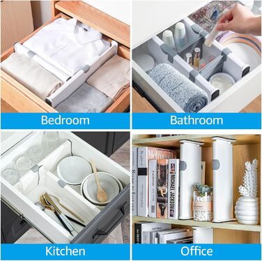 Органайзери для шухляд GBCHOOSE (4 шт.) - регульовані роздільники для шухляд 33-55 см, пластикові, 12,5 см, для кухні, комода, ванної кімнати, спальні (білі)