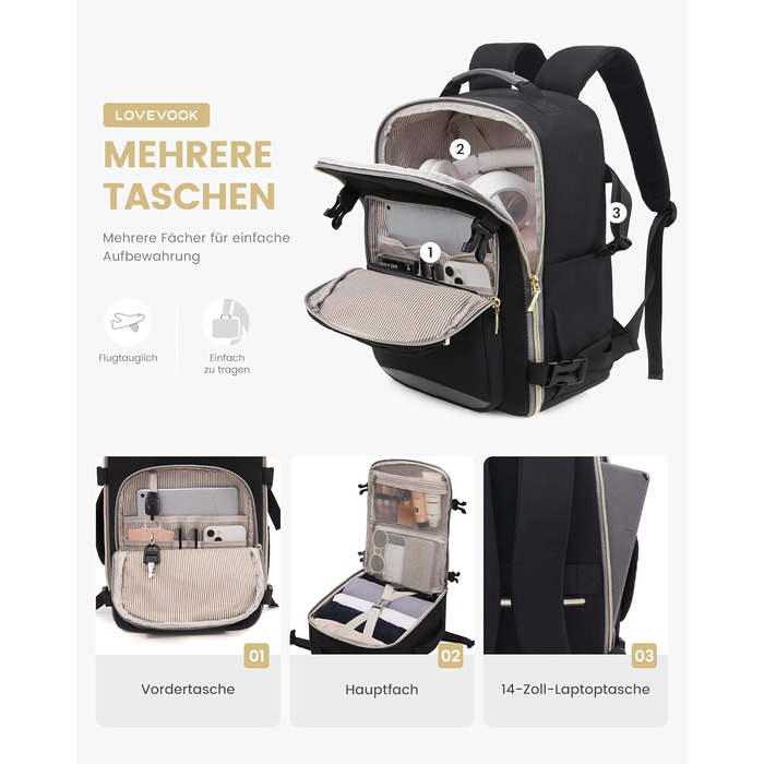 Рюкзак LOVEVOOK для ручної поклажі Ryanair, 40x20x25 см, для ноутбука 13.3 дюйма, чорний/сірий, підходить для Eurowings, Wizz Air