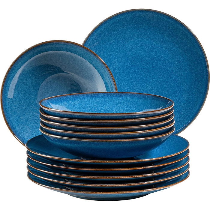 Набір тарілок для 6 осіб у вінтажному середземноморському стилі, сучасна їдальня з 12 страв з суповими і обідніми тарілками пісочно-сірого кольору, кераміка, (Королівський синій), 931734 Ossia