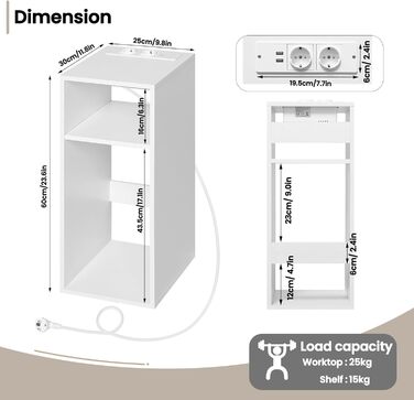 Тумбочка WOLTU з функцією зарядки, 2 розетки, 2 USB, місце для зберігання, 2 відділення, 25x60x30 см, білий