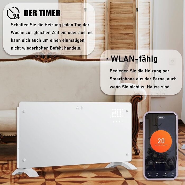 Конвектор DONYER POWER 2500W з Wi-Fi, 24H таймер, дистанційне керування, ультратонкий, настінний/підлоговий, білий