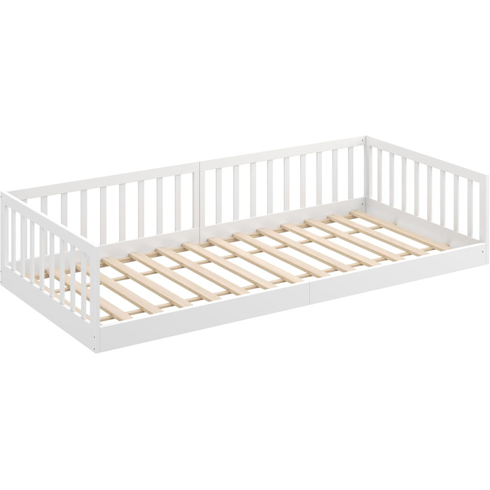 Ліжко дитяче CADANI Timi 2в1 Montessori 120x200 см з бортиками та ламелями, масив сосни, біле - 3 варіанти збірки, до 200 кг