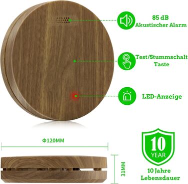 Датчик диму Rauchmelder з батареєю на 10 років, плоский, сертифікований TÜV Rheinland, з функцією вимкнення звуку, гучний 85dB сигнал, автономний, чутливий до вогню, білий (набір 6 шт., колір дерева)