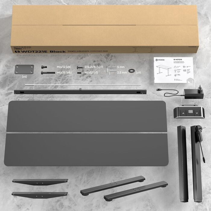 Електричний регульований стіл-рама ONKRON Wdt221e-b, чорний, для стільниць 120-170 см, до 70 кг