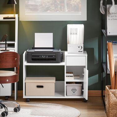 Роликовий контейнер SoBuy з шухлядою та дверцятами: друкарський столик, офісний шафчик, підставка під документи, білий 72x54x40 см, ASK02-W