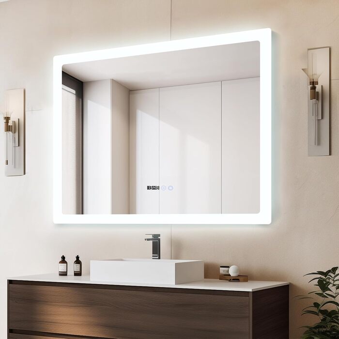 Дзеркало для ванної кімнати YU YUSING з підсвічуванням 80x60 см, LED, 3 кольори світла, регулювання яскравості, антизапар, сенсорне управління, таймер, скло, IP44