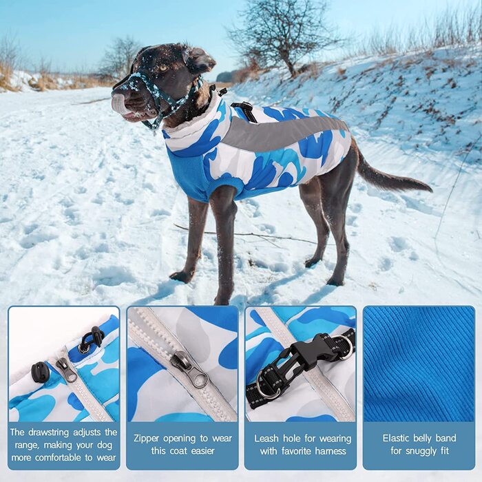 Зимова куртка для собак Kuoser, водонепроникна вітрозахисна тепла куртка для собак в холодну погоду, флісовий жилет камуфляж для домашніх тварин на блискавці, світловідбиваючий одяг для собак для маленьких середніх і великих собак з шлейкою синього кольор